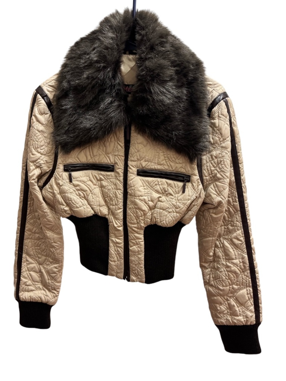 Y2K Mudd Cream Quilted Bomber Jacket with Brown Fur Collar